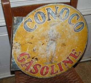 Old Conoco Gas Oil Tin Flange Sign w/ Minuteman ORIG!!!  