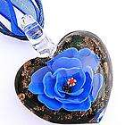 Blue Flower Gold Heart Lampwork Murano Bead Pendant Ribbon Necklace