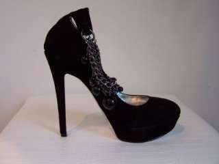   BEBE Black HONEY Quilted Suede Beaded Ankle Chain Platform Heels Shoes