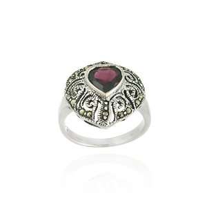    Sterling Silver Marcasite and Garnet Filigree Heart Ring: Jewelry