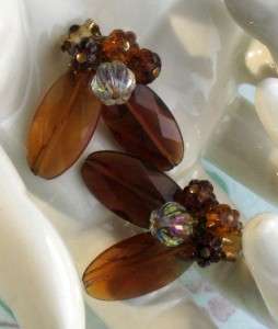 VINTAGE W GERMANY AMBER LUCITE CLIP EARRINGS GOLDTONE  