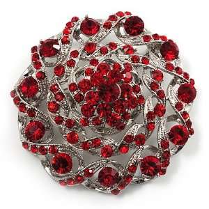  Dome Shaped Ruby Red Crystal Corsage Brooch (Silver Tone 