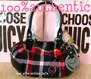 175.00 NWT Juicy couture red plaid w/heart charm baby fluffy satchel 