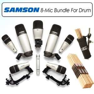  Samson 8KIT Drum Mic Kit Bundle With 12 Pairs Drum Sticks 