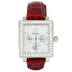 Fossil Mens Clear Crystal Red Strap Watch  