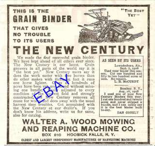 1909 WALTER WOOD CENTURY GRAIN BINDER AD HOOSICK FALLS  