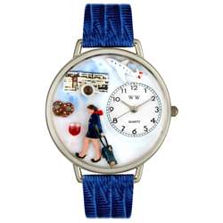Whimsical Womens Flight Attendant Theme Royal Blue Leather Watch 