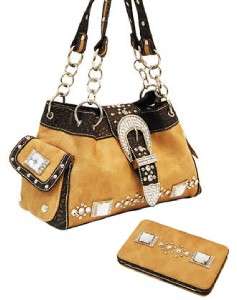 Western Saddle Tan Belt Handbag Purse Flat Wallet Set  