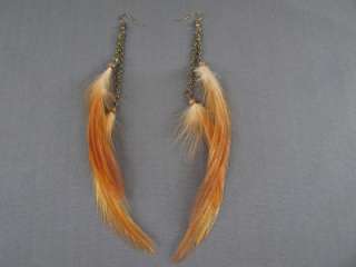 Copper Brown long double feather dangle chain earrings  