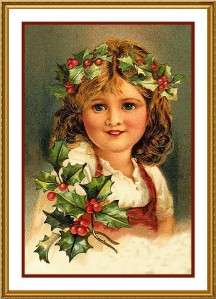 Victorian Christmas Girl Holly Counted Cross Stitch Chart Free Ship 