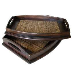 Set of 2 Wood Bamboo Serving Trays (Indonesia)  