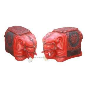 Pair of Red Cinnabar Elephants with Lotus Flowers Carving  