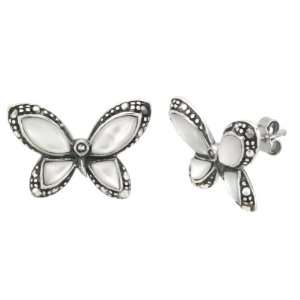   Silver Marcasite Mother Of Pearl Butterfly Button Earrings Jewelry