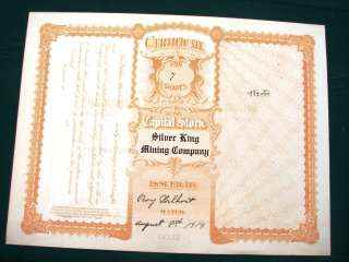 Silver King Mining Co 1914 Oregon Stock Cert orig  
