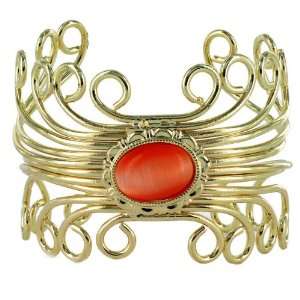  Gold Colored Wire Cuff Bracelet with Orange Colored Stone 