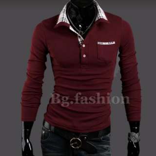 NEW Luxury Mens Casual Stylish Grid Patched Slim Fitted Long Sleeve 