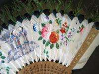 Vtg Peacock Feather Chinese Fan Hand Painted Flowers c.1850 China 