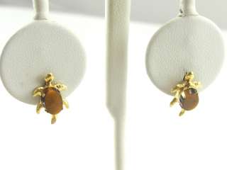   Gold Earrings Turtle Design Tiger Eye Post And Clutch Stud  