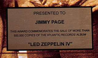 Led Zeppelin IV Gold Record Award non Riaa   To Jimmy Page cd  