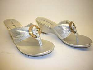 NEW ANDREW GELLER POETRY 2 1/2 SILVER LEATHER PLATFORM WEDGE THONG 
