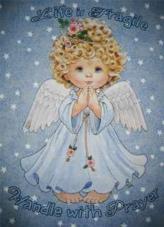 ANGEL PRAYING Blue Fabric Quilt Panel, Stars~Life is Fragile, Handle 