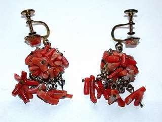 Antique Hand Made Orange/Red Coral Screw Back Earrings  
