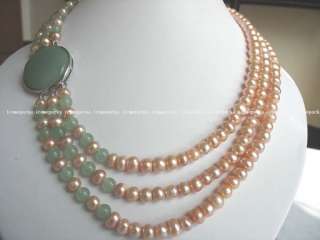 charming 3 rows pink freshwater pearl and green jade ne  