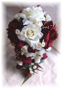 Wedding Bouquets Silk Flowers Burgundy Ivory Roses 13pc  