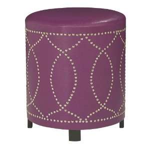    Purple Leather with Nickel Nailhead Round Ottoman