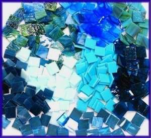 BLUE MIX w/ MIRRORS & IRIDS Stained Glass Mosaic Tiles  
