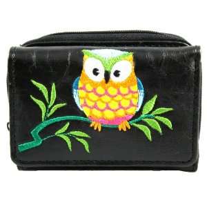  Colorful Owl on Branch Black Vegan Pleather Applicade Tri Fold Wallet