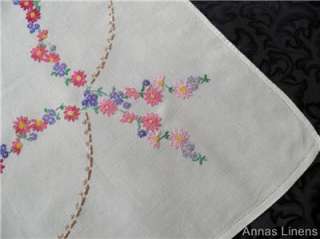 vintage tablecloth with beautiful hand embroidered flowers in pink 