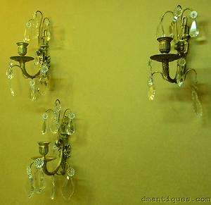 Vintage Gilt Bronze Crystal Candle Wall Sconces Bows Acanthus Leaves 