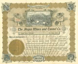 The Argus Mines Co, Idaho Springs Colorado CO Stock Certificate  