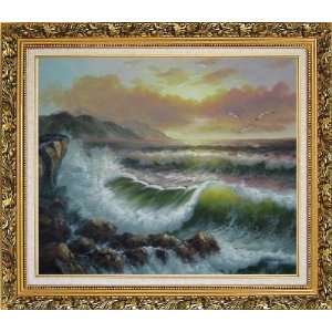 Flying Seagulls Over Sea Waves On Sunset Oil Painting, with Ornate 