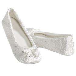 Isotoner Quilted WHITE Satin Wedding Slippers with Rhinestones 