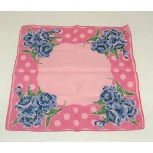  Vintage Ladies Handkerchief With Blue Flowers And Pink 