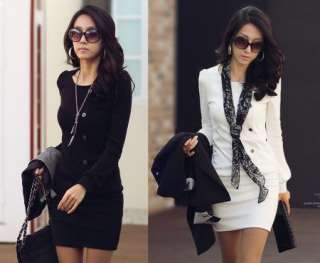 New Korea Womens Long Puff Sleeve Unilateral Button Lady Dress White 