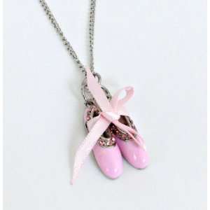 Pink Ballet Dance / Ballerina Slippers Pendant Necklace w/ Ribbon and 
