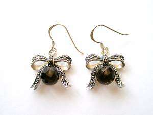 Sterling Silver Marcasite Smoky Quartz Bow Earrings  
