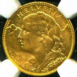 1913 B SWITZERLAND GOLD COIN 10 FRANCS * NGC MS 62 GEM  