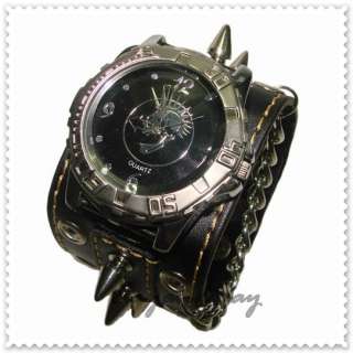 K008 Black Leather Stud Wristband Watch Cuff Bracelet  