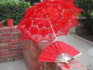 RED Battenburg Lace Umbrella / Sun Parasol w/Lace Fan  