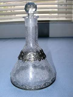 Beautiful Vintage Clear Crackle Glass & Silver Decanter  