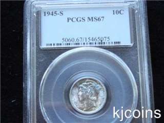 1945 S PCGS MS67 Mercury Dime FSB? Pristine Coin BLUE  