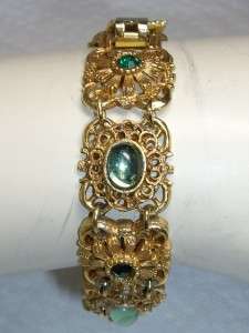   Goldtone Filigree Green Glass & Rhinestone Bracelet 7 1/4 x 10/16