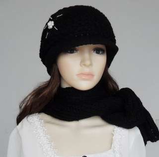 H26 Black Winter Fashion Scarf Hat One set  