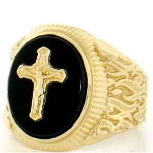  10K Solid Gold Oval Onyx Crucifix Jesus Cross Mens Ring Jewelry