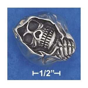 Plain Sr 3031  Sterling Silver Antiqued Mens Skull Ring With Hp Hood 