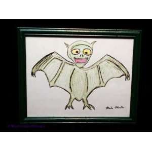 Cartoonish Bat Colored Pencil Sketch Framed Art Mixed Media Drawing by 